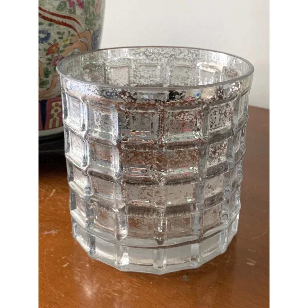 Silver Mercury Glass Waffle Grid Candle Holder Vase Decorative Votive Cup